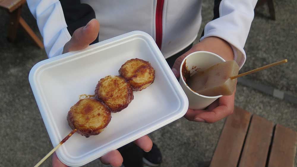 Gohei mochi and konnyaku yam block